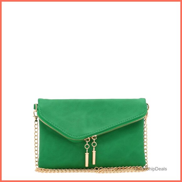 Faux Leather Envelope Wristlet Clutch with Detachable Chain Strap